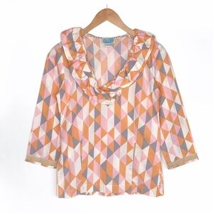 Devon Baer diamond print ruffle blouse top v-neck tunic pink orange triangle XS